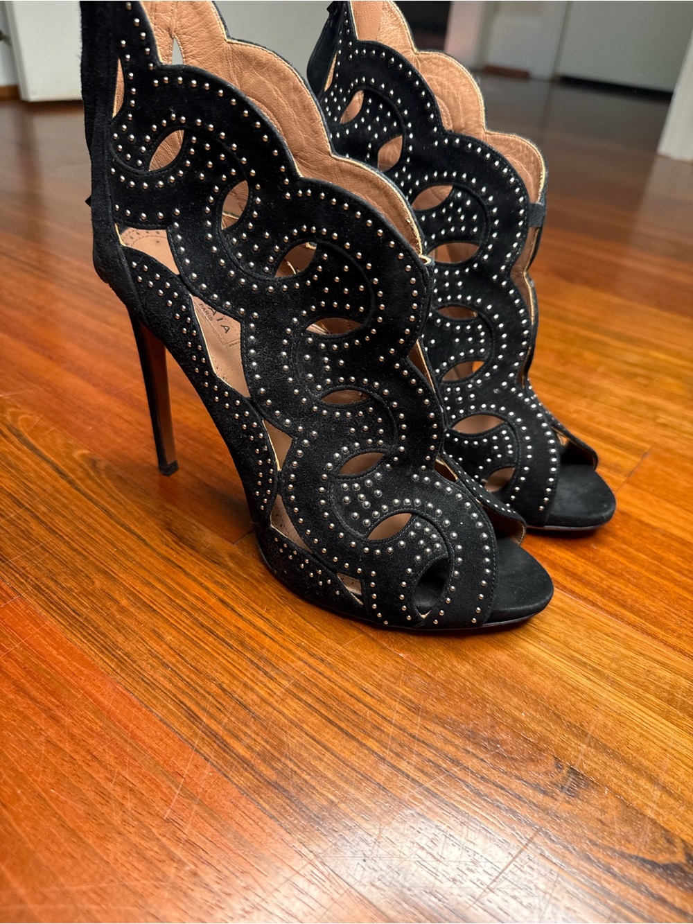 Alaïa Black Scalloped Studded Suede Stiletto Sandals